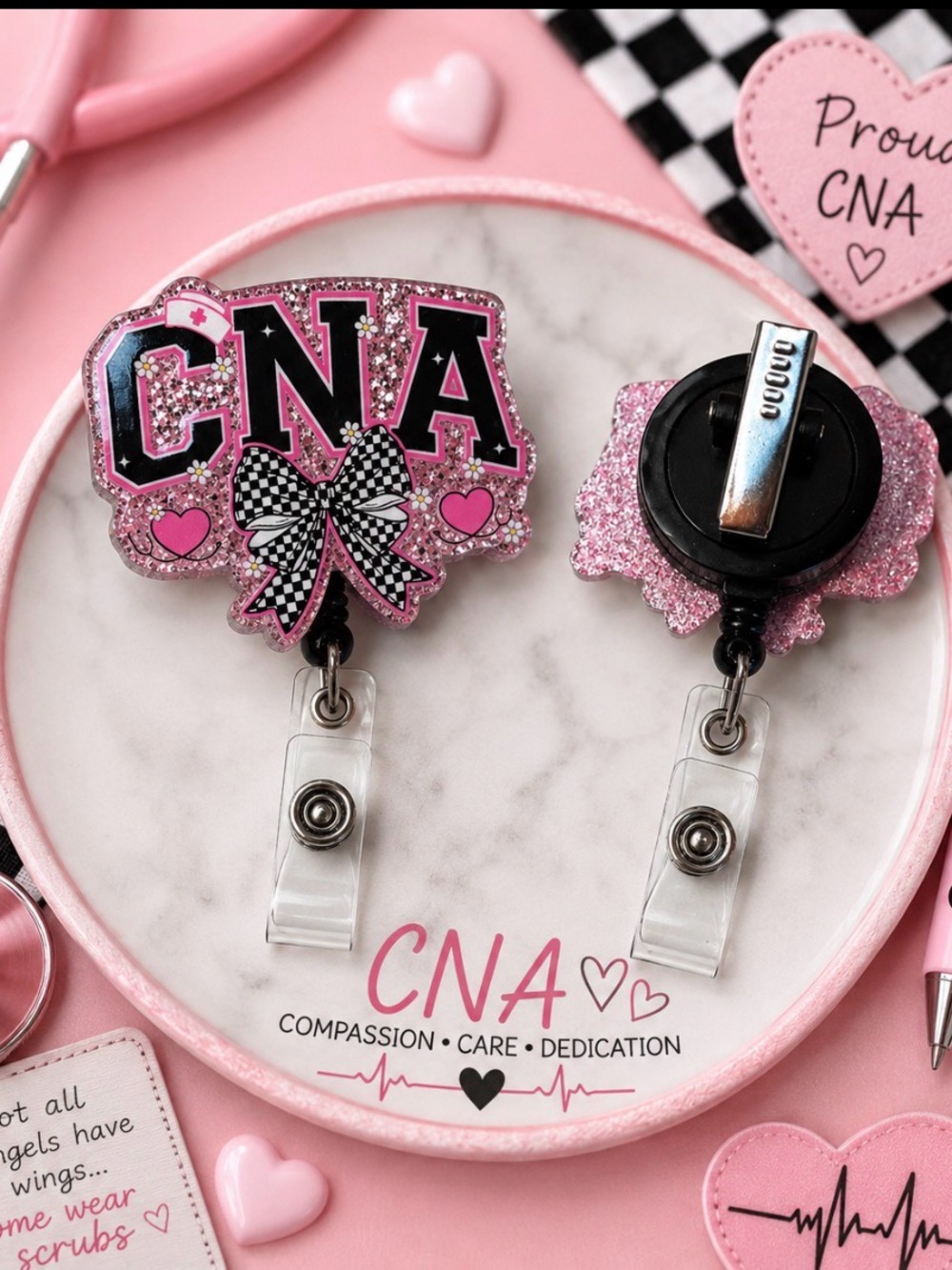 Hand Crafted Pink Glitter CNA Badge Reel with Checkerboard Bow